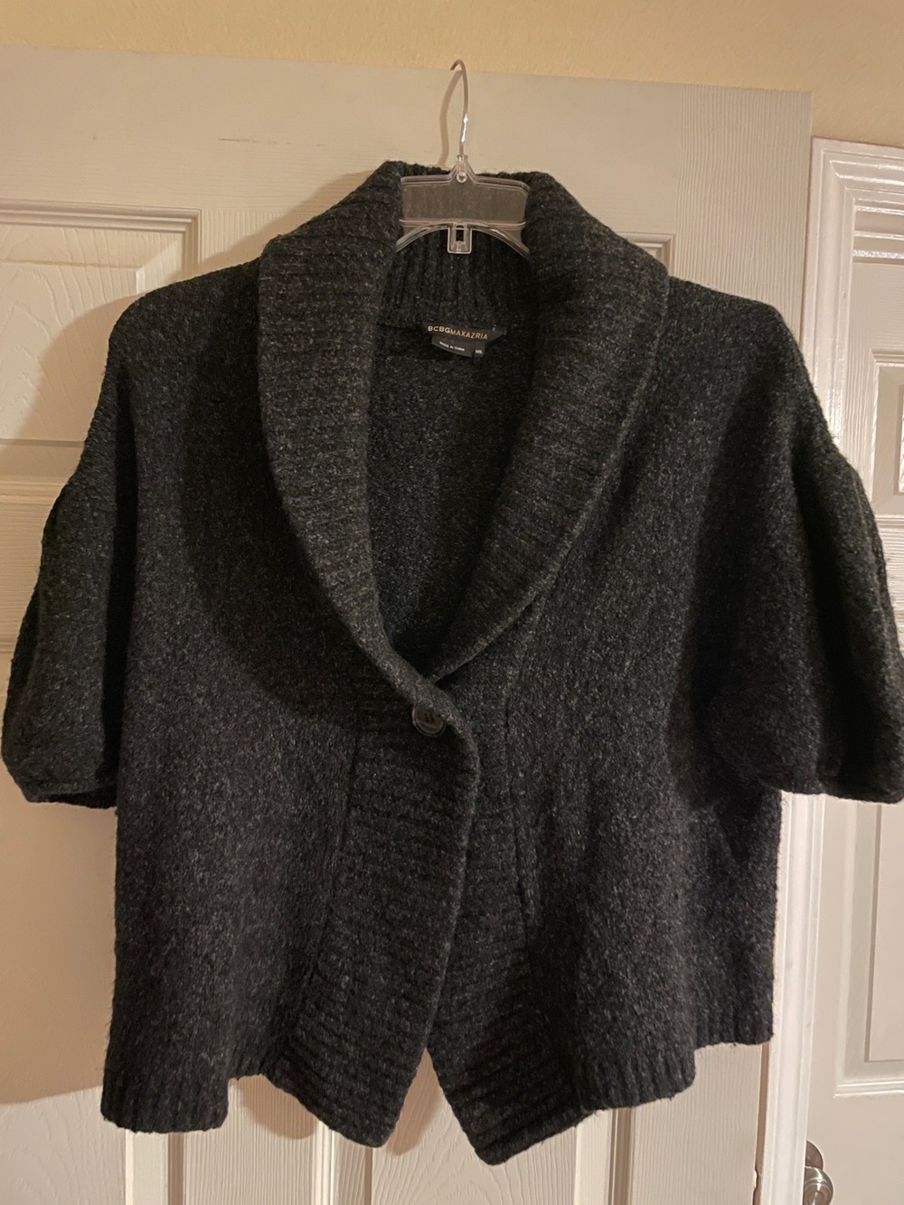 BCBG Max Azria Black Shawl-Collar Short-Sleeve Wool Cardigan